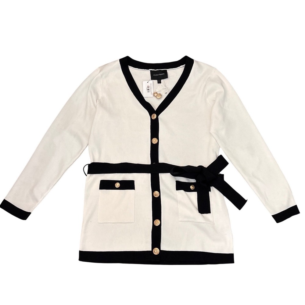 Jealous Tomato Diana Cardigan Ivory Black Gold Button Belted Knit Sweater M NEW